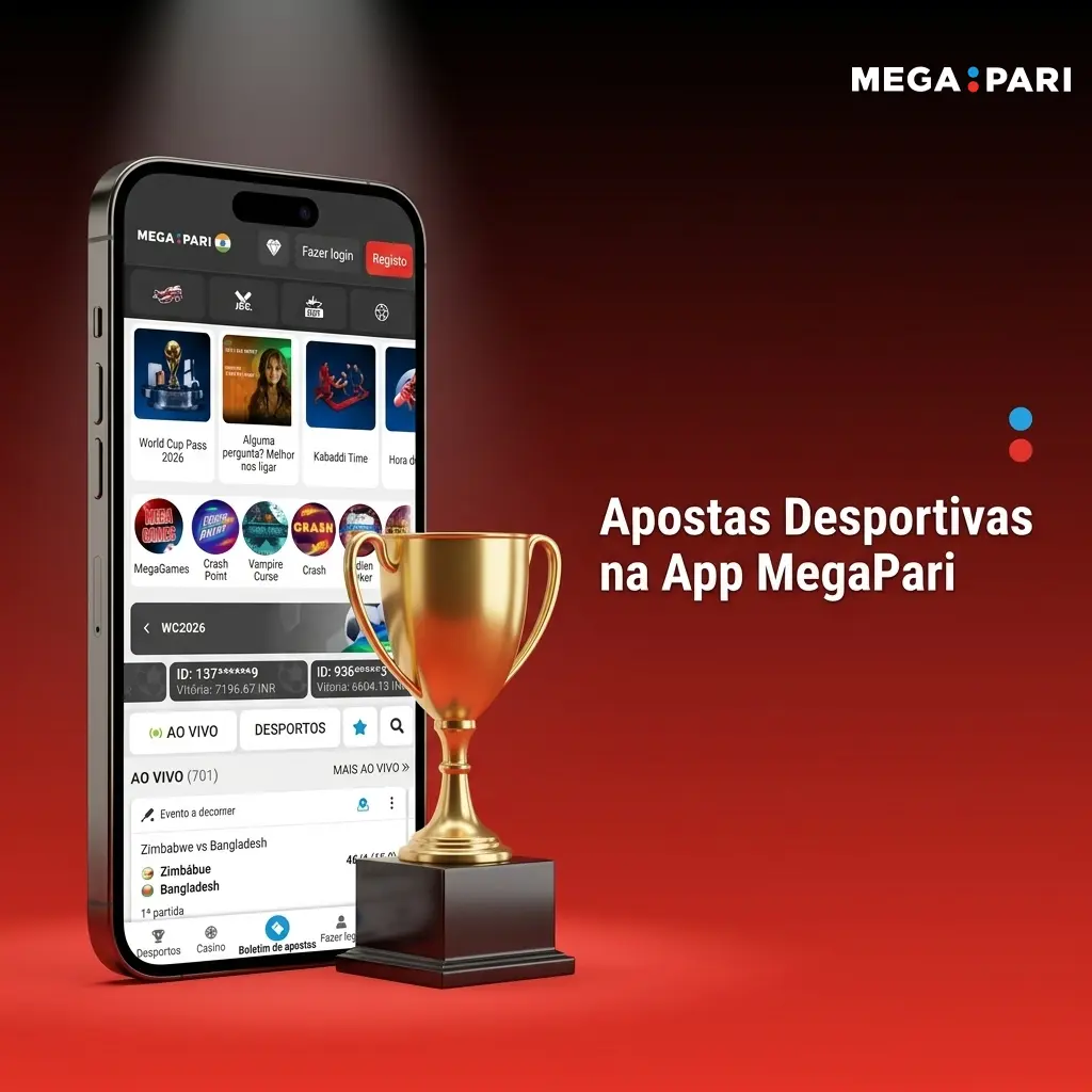 Interface da app MegaPari com apostas desportivas ao vivo em futebol, ténis e basquetebol com odds em tempo real