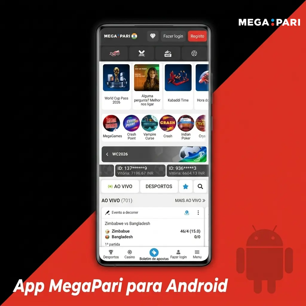 App MegaPari para Android disponível em APK para dispositivos Android 5.0 ou superior