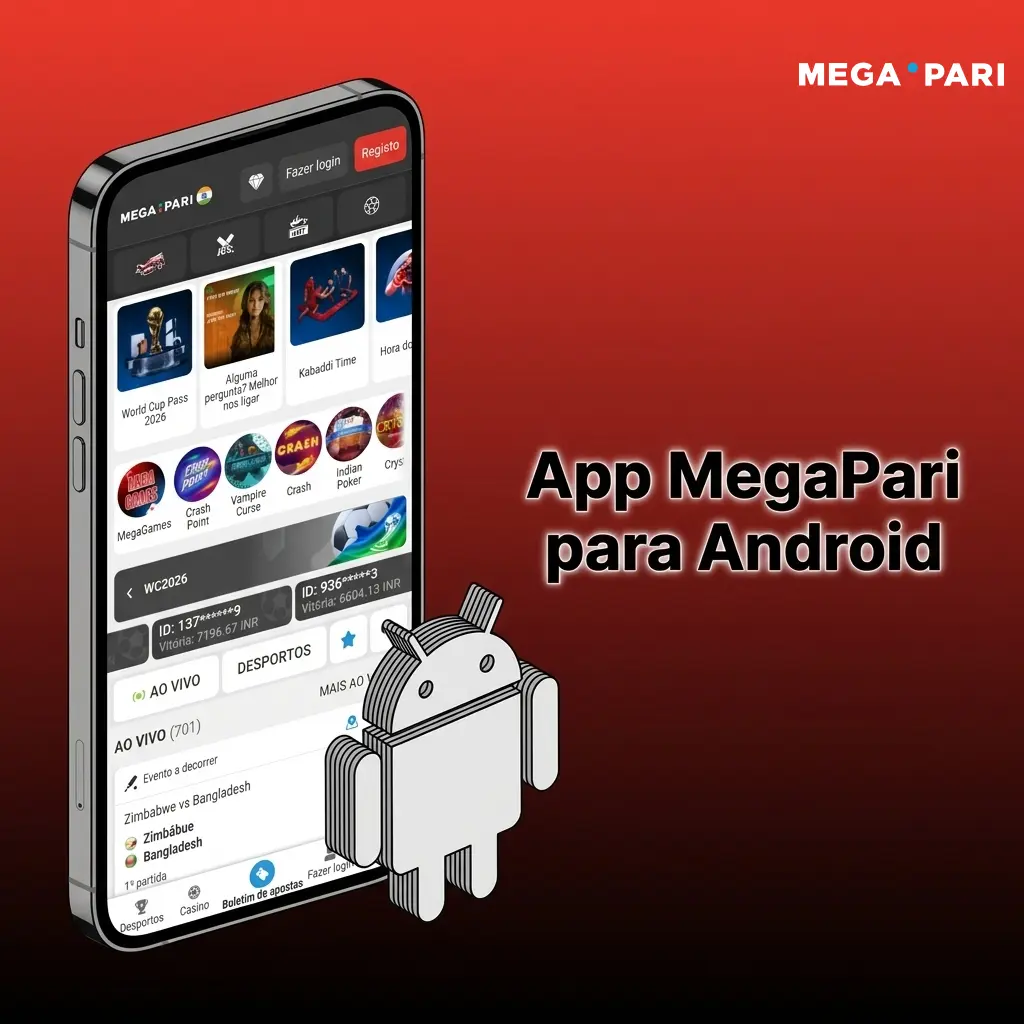 App MegaPari para Android em dispositivo smartphone com interface de apostas e botão de download APK