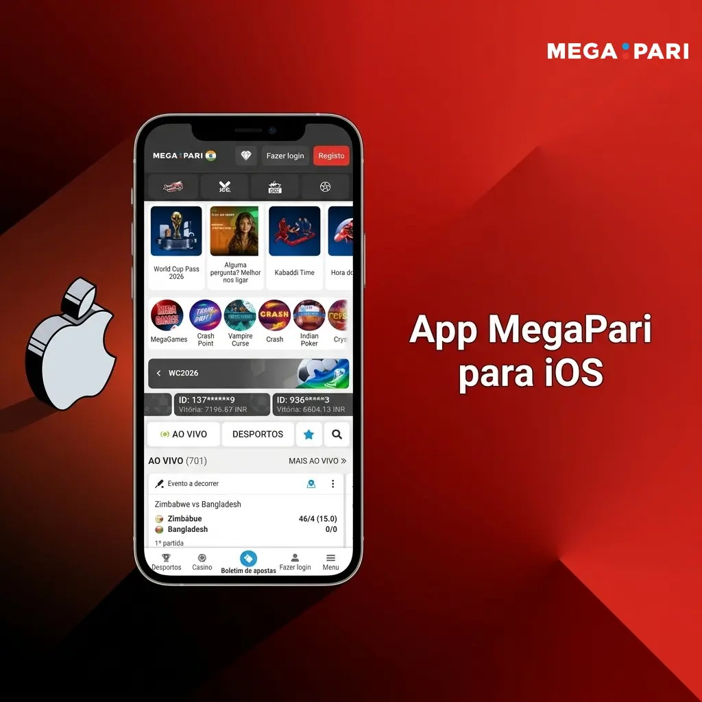 App MegaPari para iOS compatível com iPhone e iPad, interface otimizada para Apple com iOS 12.0 ou superior