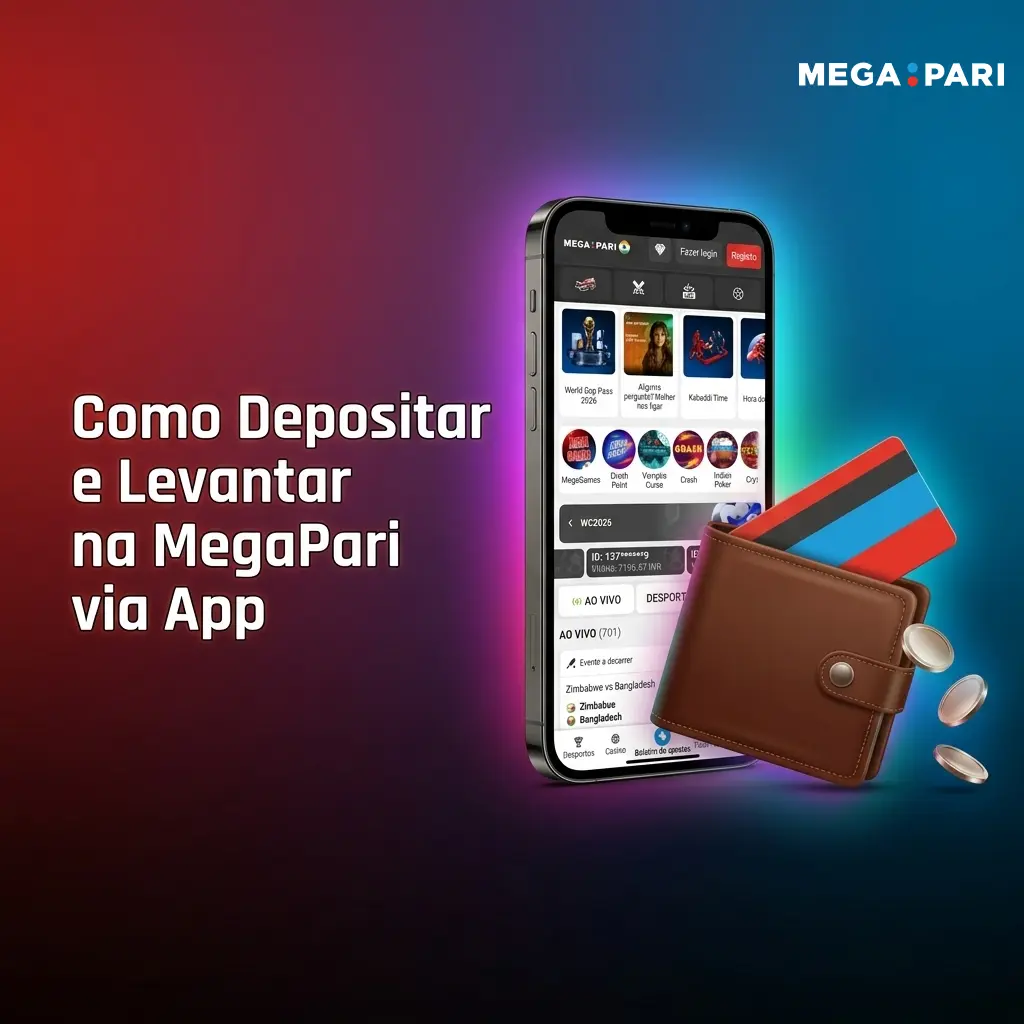 Guia de depósito e levantamento na app MegaPari em dispositivo móvel com opções de pagamento