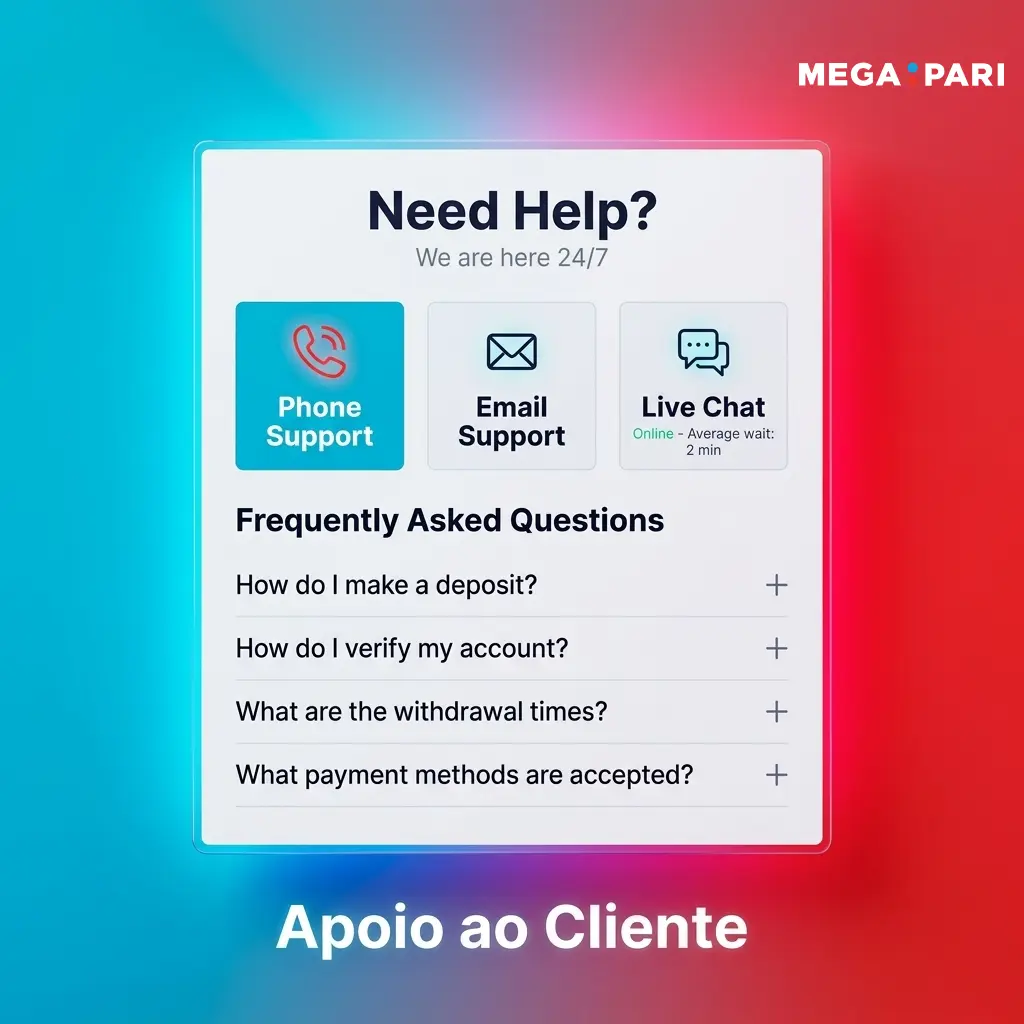 Apoio ao cliente MegaPari disponível 24/7 via chat ao vivo, e-mail, Telegram e FAQ para depósitos e levantamentos