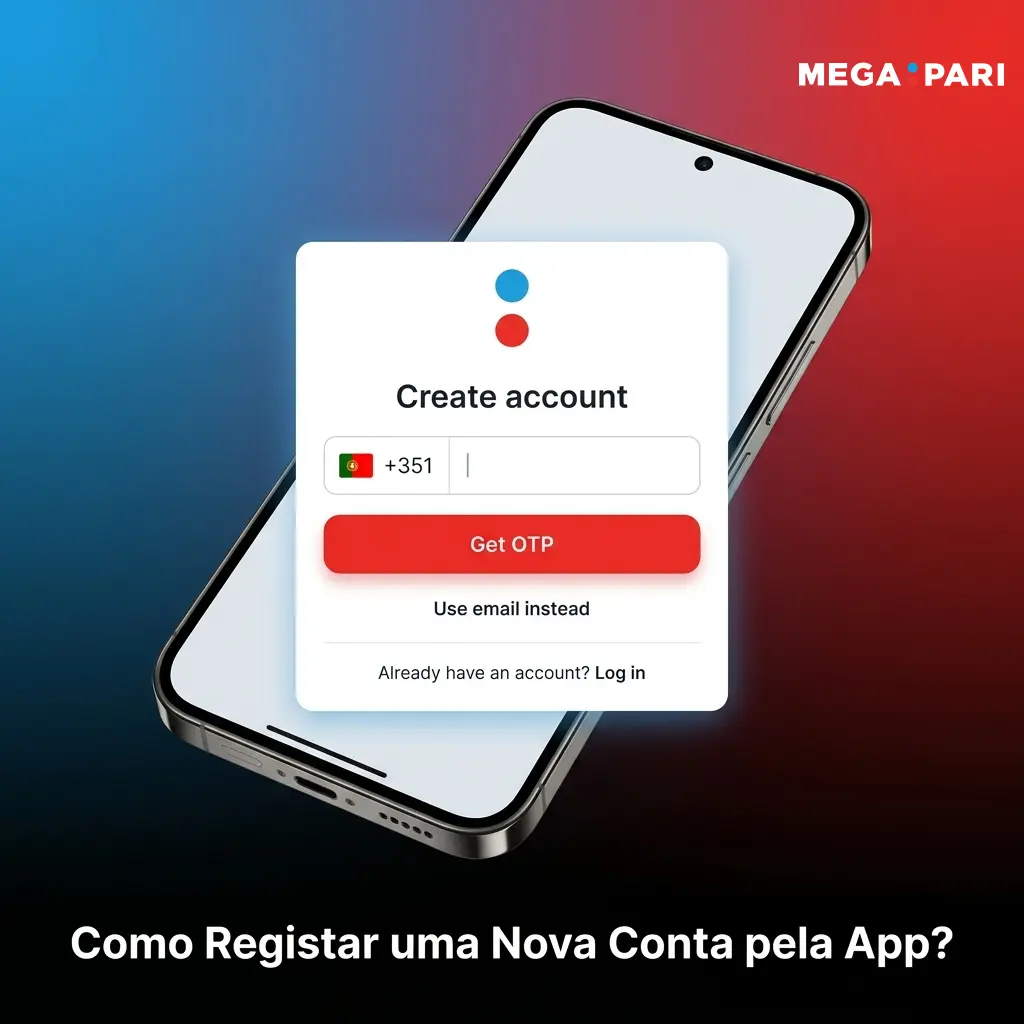Passos para registar nova conta na app MegaPari no smartphone com formulário de registo visível