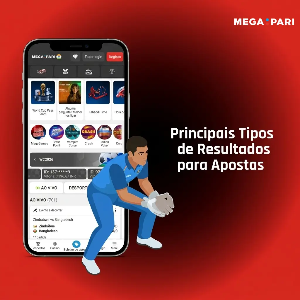 Principais tipos de resultados para apostas na MegaPari: 1X2, handicap, over/under, ambas marcam e intervalo/final