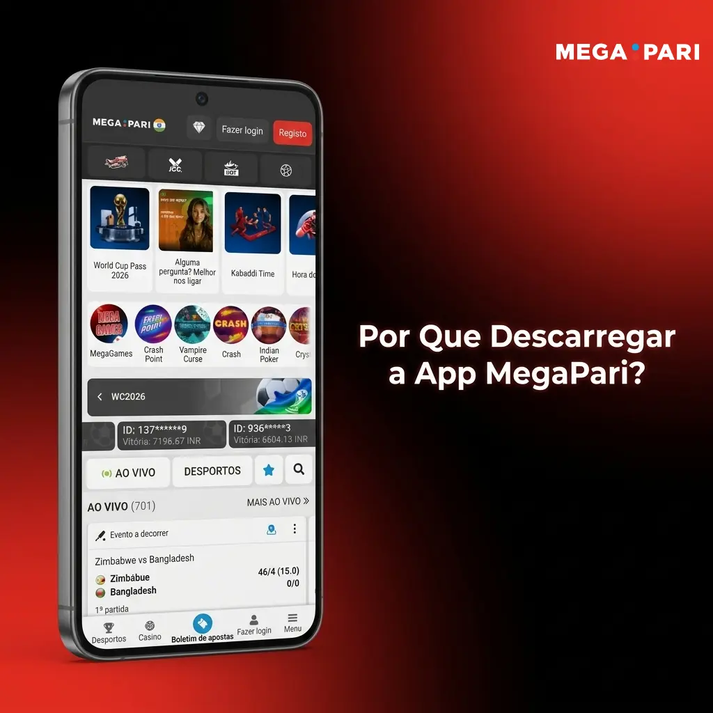 Smartphone com a app MegaPari aberta, mostrando apostas desportivas e jogos de casino para jogadores portugueses