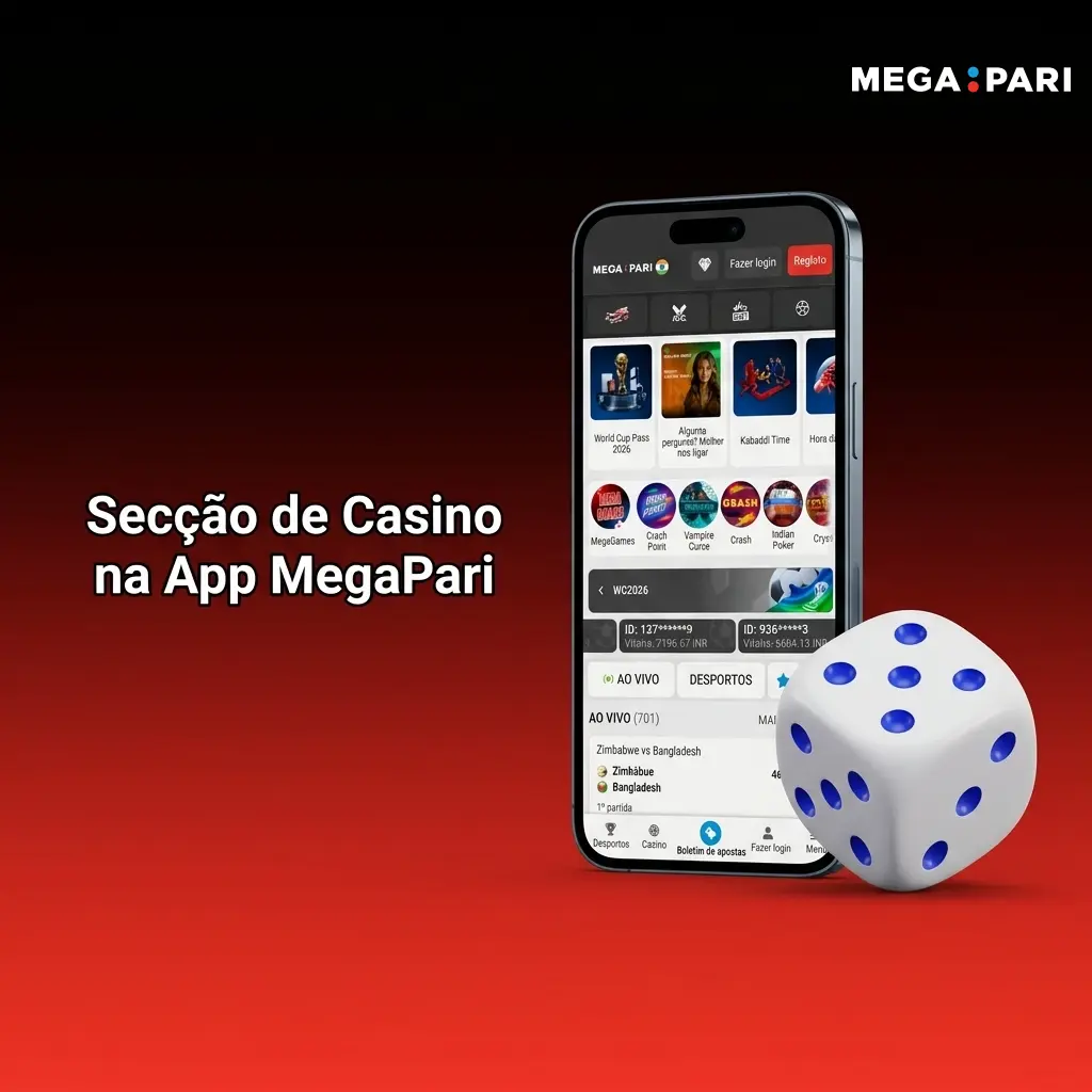 Secção de casino na app MegaPari com mais de 8000 jogos, slots, casino ao vivo e crash games